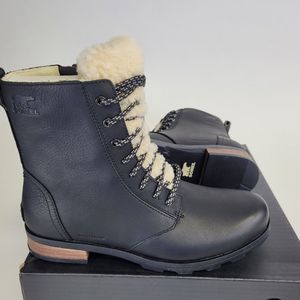 Sorel Emelie Women's Black Lace-up Boot Leather Genuine Shearling Lining Boots